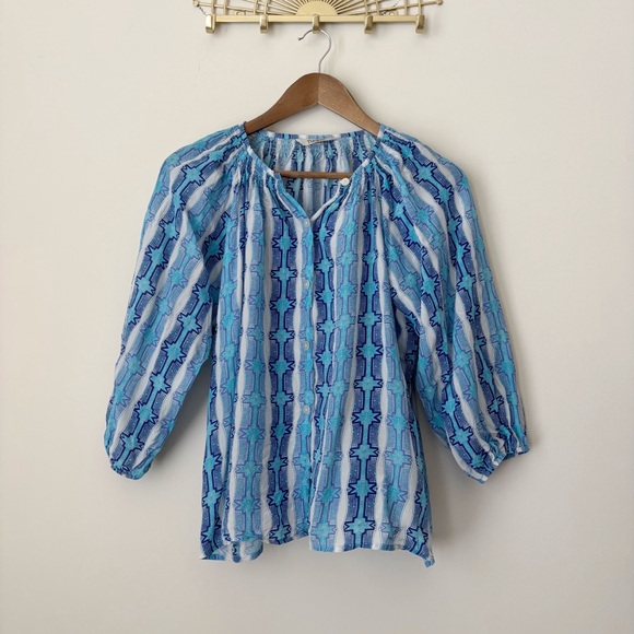 Tucker The Classic Silk Blouse XS Geometric Print Blue Stripe - Picture 1 of 7